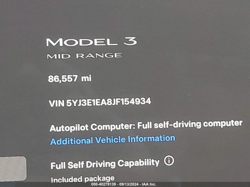 2018 Tesla Model 3 VIN: 5YJ3E1EA8JF154934 Lot: 40279139