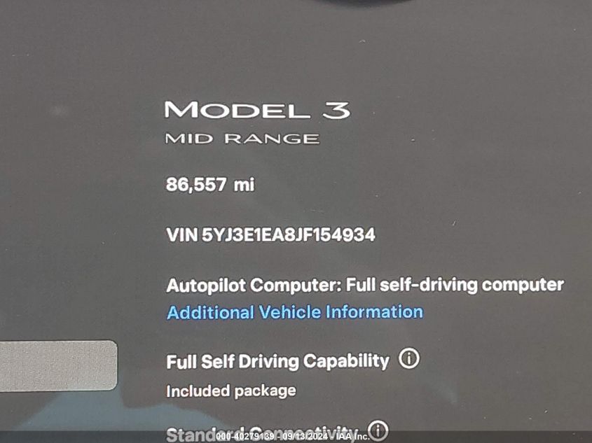 2018 Tesla Model 3 VIN: 5YJ3E1EA8JF154934 Lot: 40279139