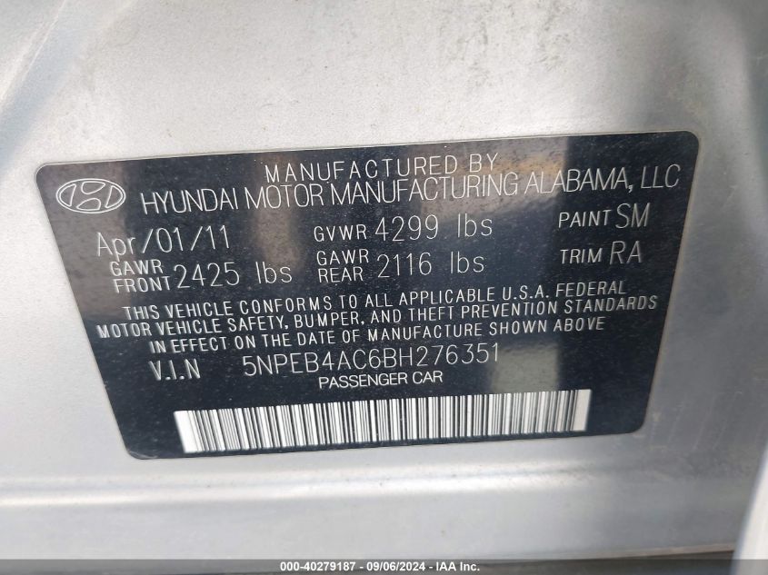 5NPEB4AC6BH276351 2011 Hyundai Sonata Gls