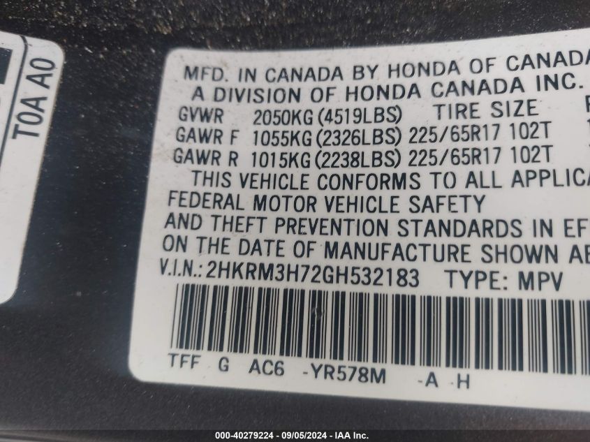 2HKRM3H72GH532183 2016 Honda Cr-V Exl