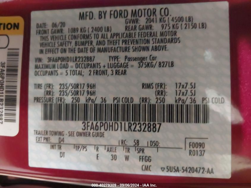 2020 Ford Fusion Se VIN: 3FA6P0HD1LR232887 Lot: 40279309