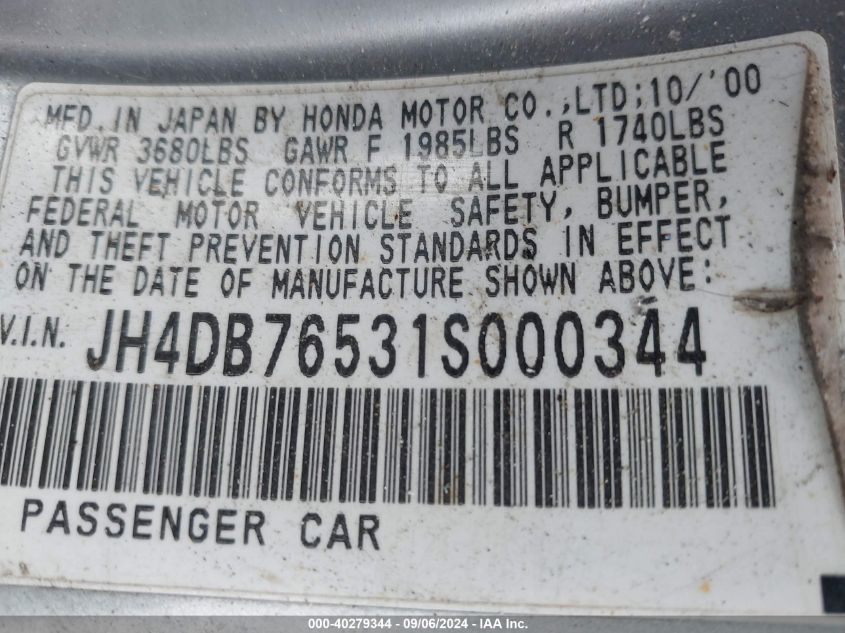 JH4DB76531S000344 2001 Acura Integra Ls