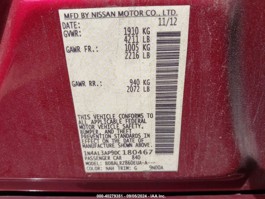 2013 Nissan Altima 2.5 S VIN: 1N4AL3AP9DC180467 Lot: 40279351