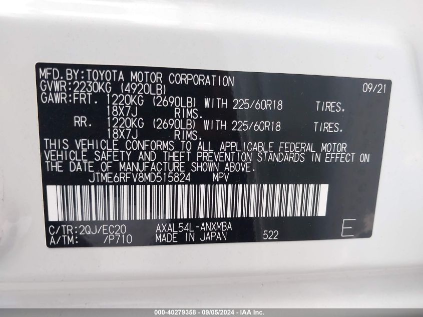 2021 Toyota Rav4 Hybrid Xse VIN: JTME6RFV8MD515824 Lot: 40279358