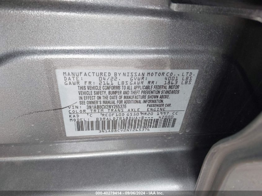 2022 Nissan Sentra Sv Xtronic Cvt VIN: 3N1AB8CV2NY265376 Lot: 40279414