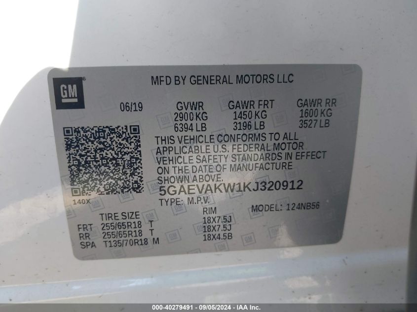 5GAEVAKW1KJ320912 2019 Buick Enclave Awd Essence