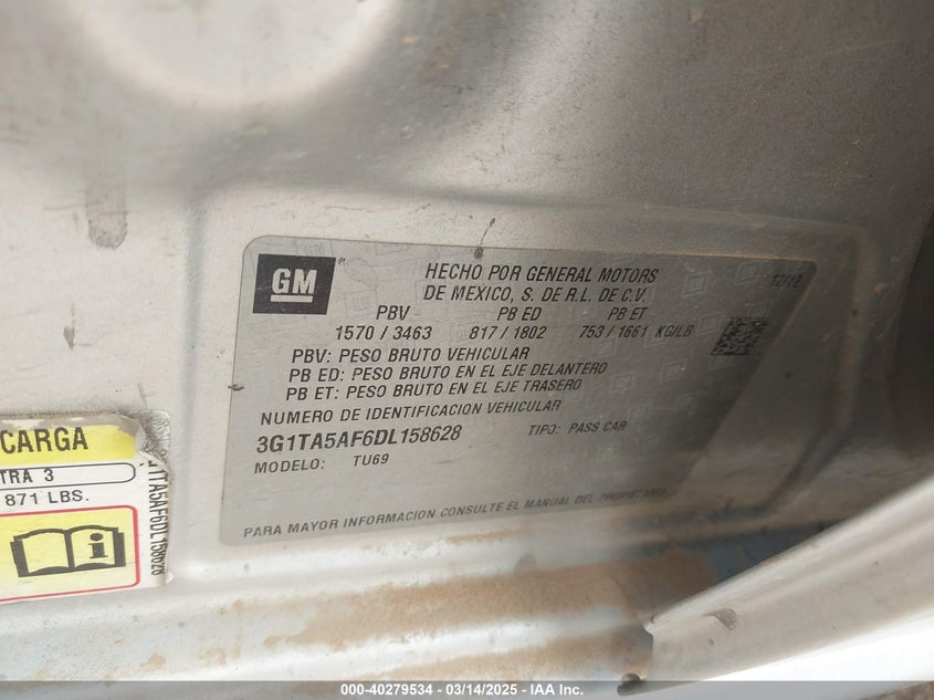 2013 Chevrolet Aveo VIN: 3G1TA5AF6DL158628 Lot: 40279534