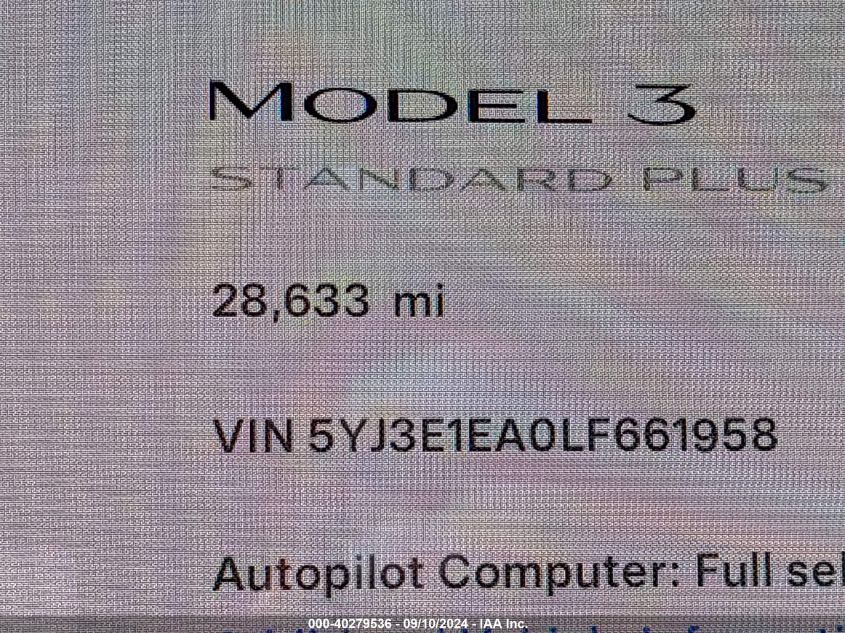 2020 Tesla Model 3 Standard Range Plus Rear-Wheel Drive/Standard Range Rear-Wheel Drive VIN: 5YJ3E1EA0LF661958 Lot: 40279536