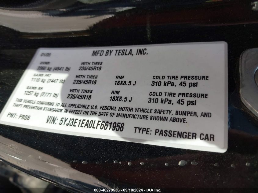 2020 Tesla Model 3 Standard Range Plus Rear-Wheel Drive/Standard Range Rear-Wheel Drive VIN: 5YJ3E1EA0LF661958 Lot: 40279536