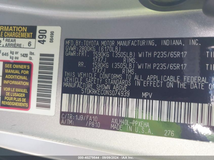 5TDKRKEC0NS074939 2022 Toyota Sienna Le