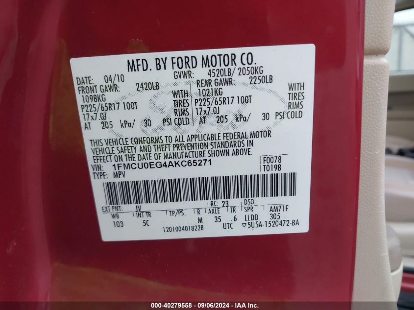 1FMCU0EG4AKC65271 2010 Ford Escape Limited