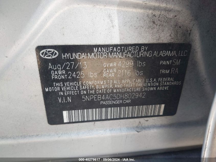 5NPEB4AC5DH802942 2013 Hyundai Sonata Gls