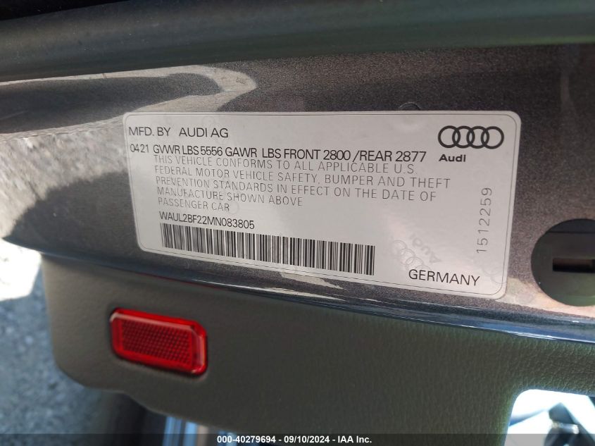 2021 Audi A6 Premium Plus 55 Tfsi Quattro S Tronic VIN: WAUL2BF22MN083805 Lot: 40279694