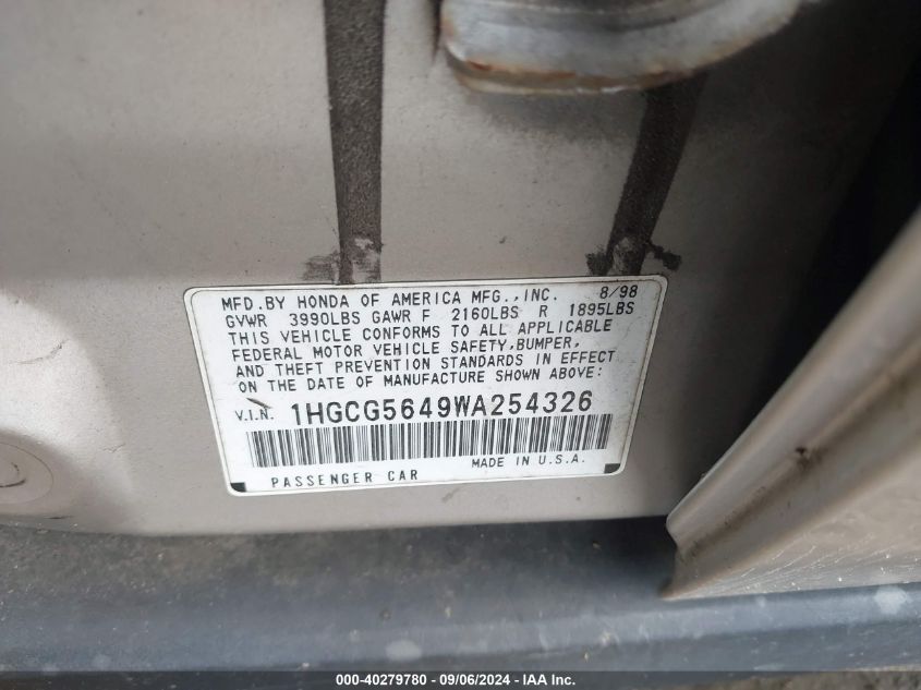 1HGCG5649WA254326 1998 Honda Accord Lx