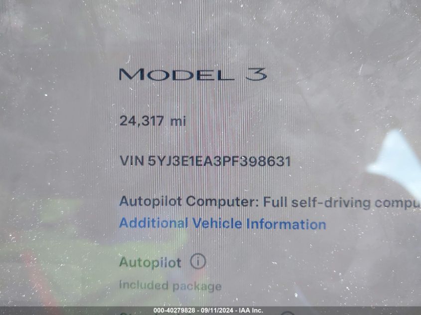 2023 Tesla Model 3 VIN: 5YJ3E1EA3PF398631 Lot: 40279828