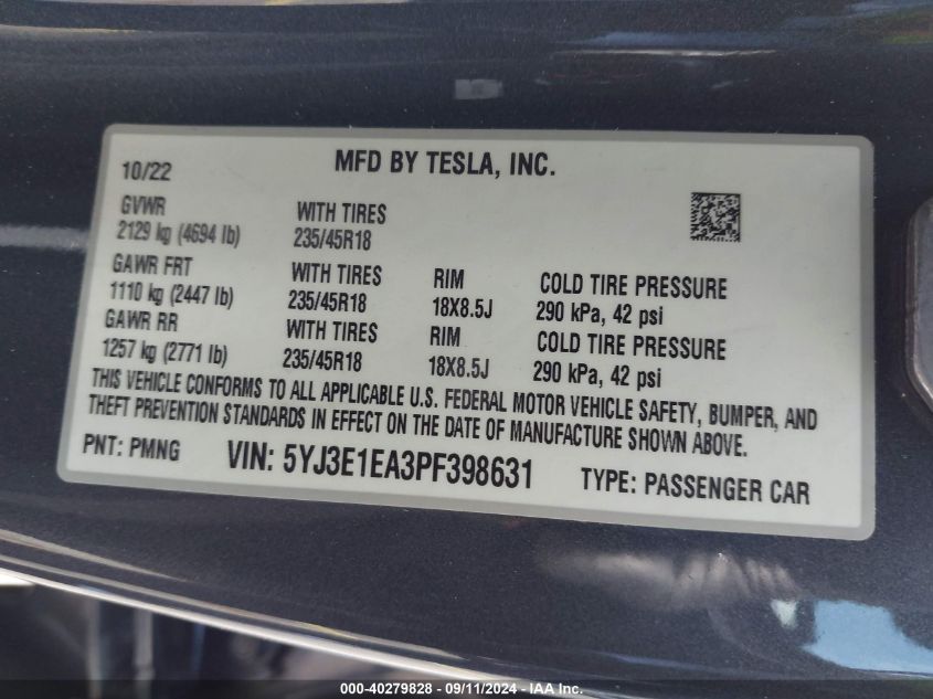 2023 Tesla Model 3 VIN: 5YJ3E1EA3PF398631 Lot: 40279828