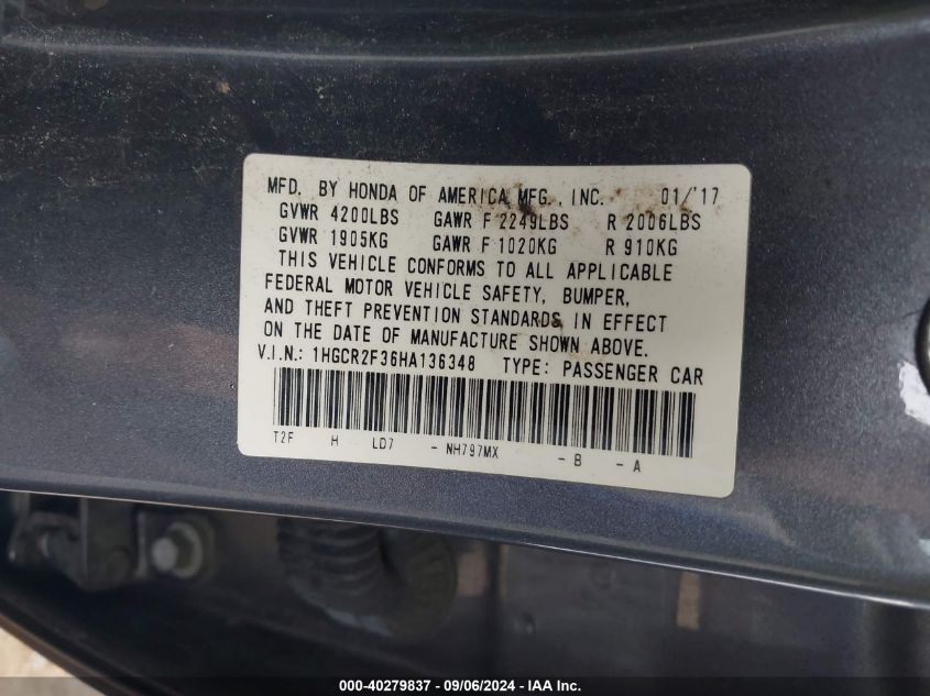 VIN 1HGCR2F36HA136348 2017 HONDA ACCORD no.9