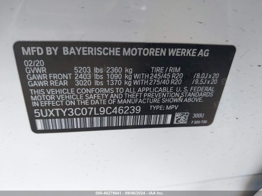 5UXTY3C07L9C46239 2020 BMW X3 Sdrive30I