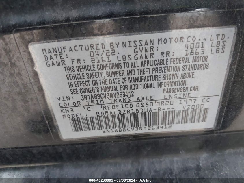 3N1AB8CV3NY263412 2022 Nissan Sentra Sv Xtronic Cvt