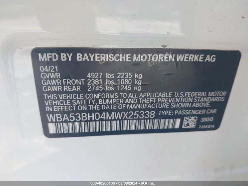 WBA53BH04MWX25338 2021 BMW 530I