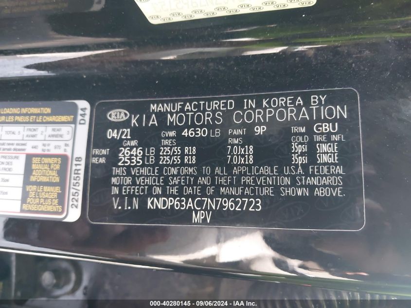 2022 Kia Sportage Nightfall Edition VIN: KNDP63AC7N7962723 Lot: 40280145