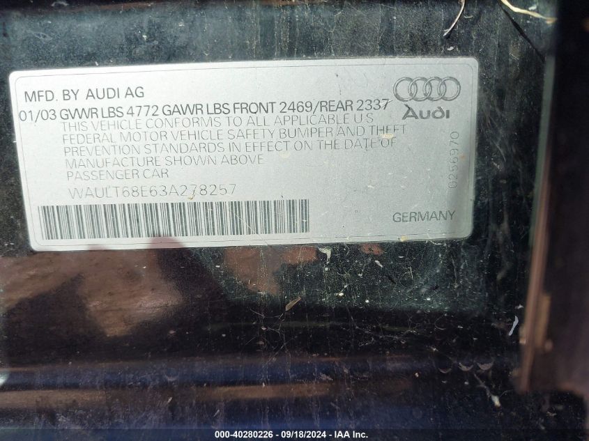 2003 Audi A4 3.0 VIN: WAULT68E63A278257 Lot: 40280226