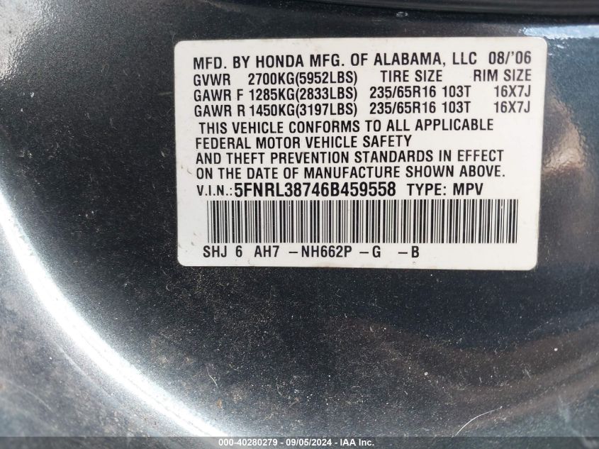 2006 Honda Odyssey Ex-L VIN: 5FNRL38746B459558 Lot: 40280279