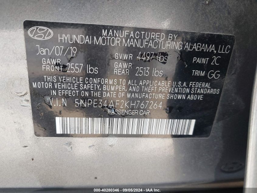 5NPE34AF2KH767264 2019 Hyundai Sonata Sel