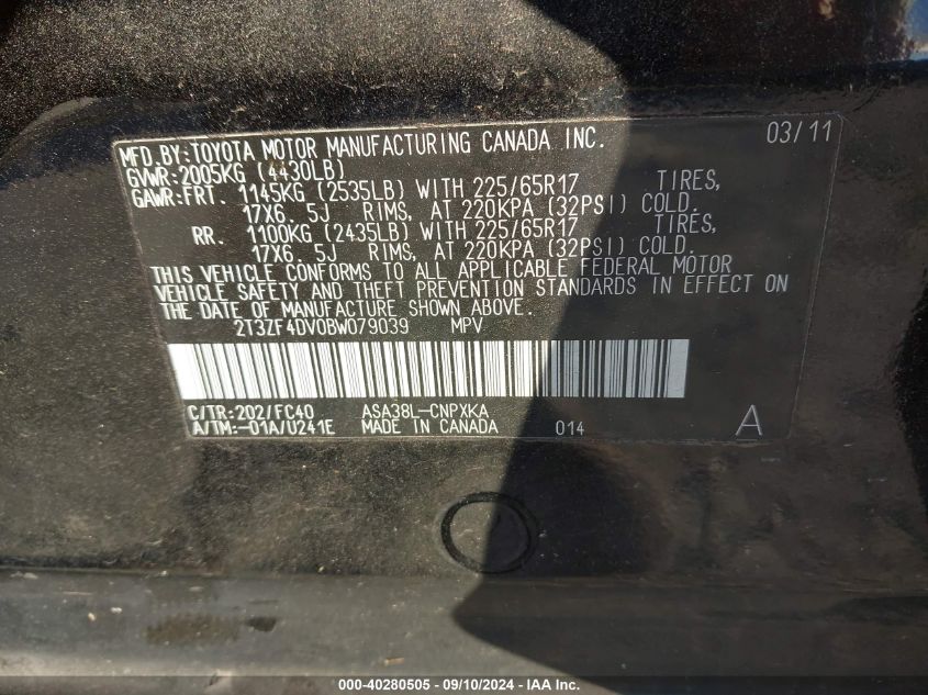 2T3ZF4DV0BW079039 2011 Toyota Rav4 Base (A4)