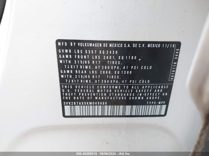 3VV2B7AX5KM049686 2019 Volkswagen Tiguan Se/Sel/Sel R-Line Jet-Bla