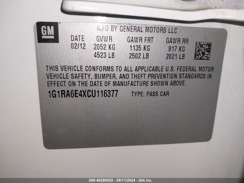 1G1RA6E4XCU116377 2012 Chevrolet Volt