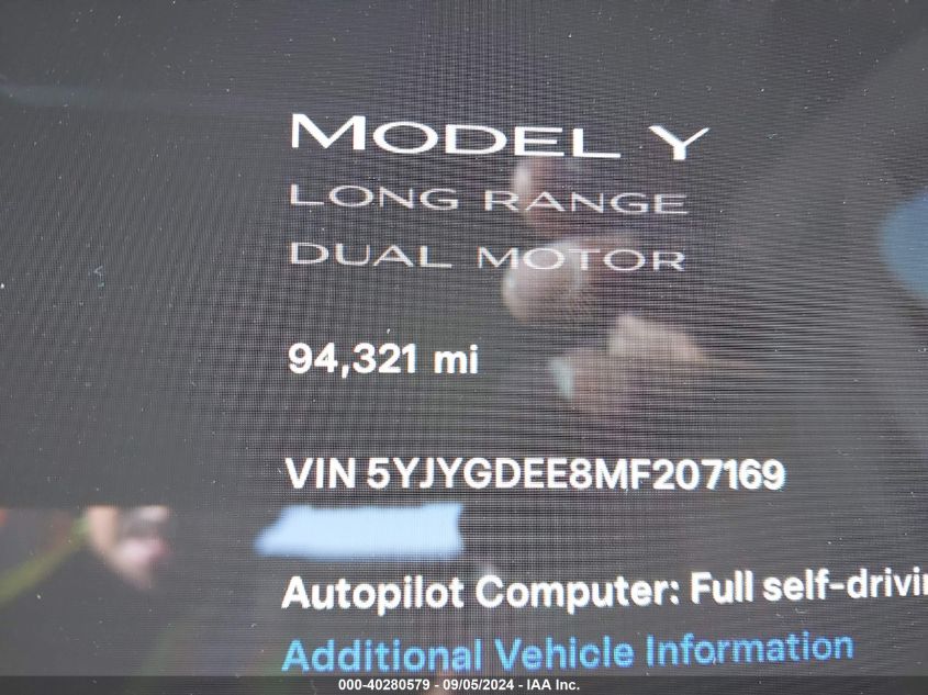 2021 Tesla Model Y VIN: 5YJYGDEE8MF207169 Lot: 40280579