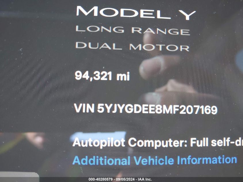 2021 Tesla Model Y VIN: 5YJYGDEE8MF207169 Lot: 40280579