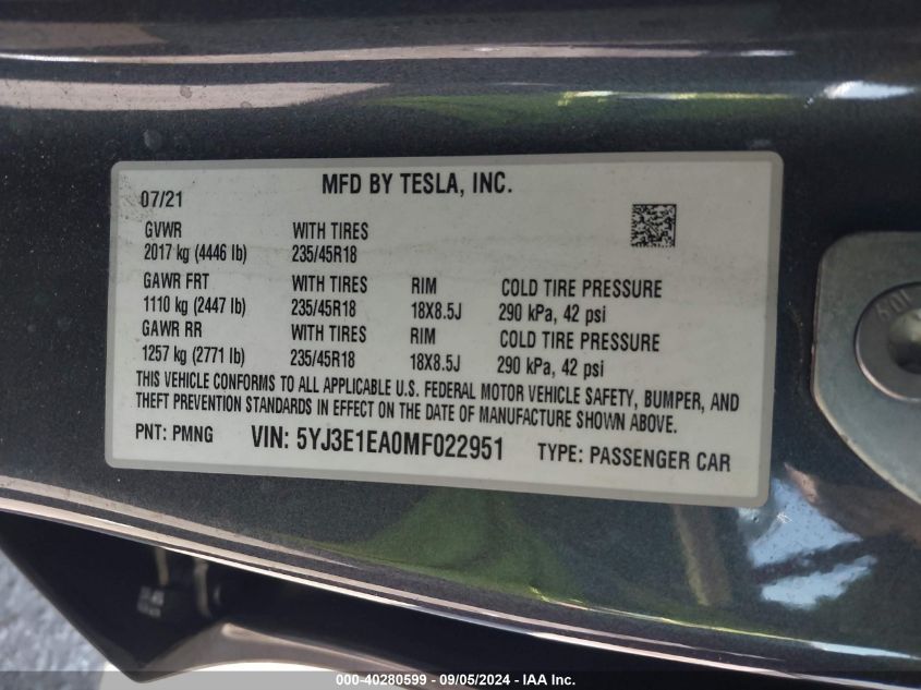 2021 Tesla Model 3 Standard Range Plus Rear-Wheel Drive VIN: 5YJ3E1EA0MF022951 Lot: 40280599