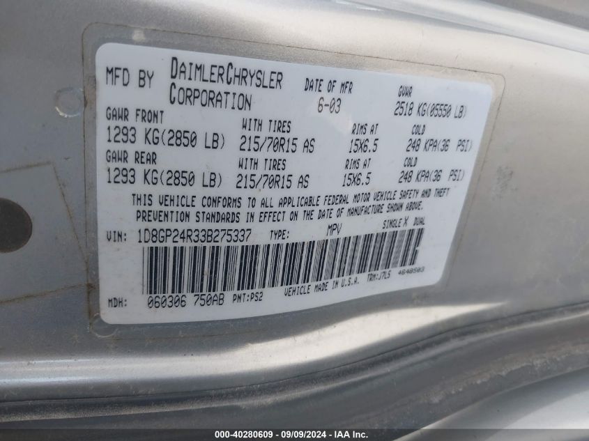 2003 Dodge Grand Caravan Se VIN: 1D8GP24R33B275337 Lot: 40280609