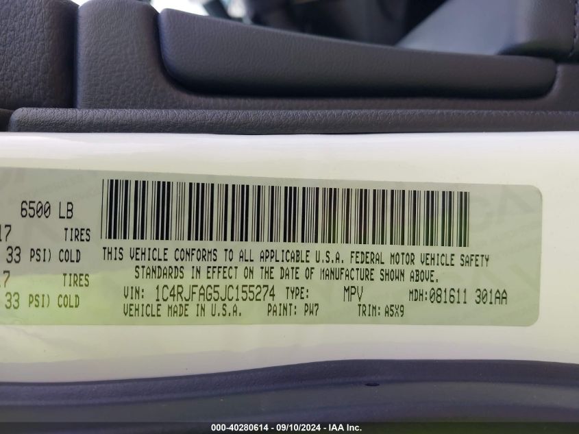 2018 Jeep Grand Cherokee Laredo E 4X4 VIN: 1C4RJFAG5JC155274 Lot: 40280614