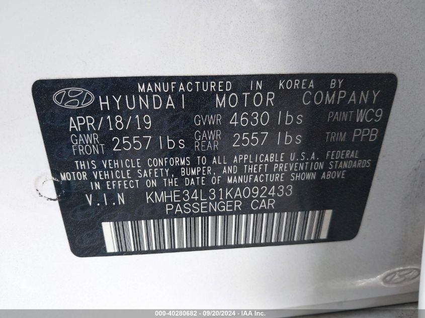 KMHE34L31KA092433 2019 Hyundai Sonata Hybrid Limited