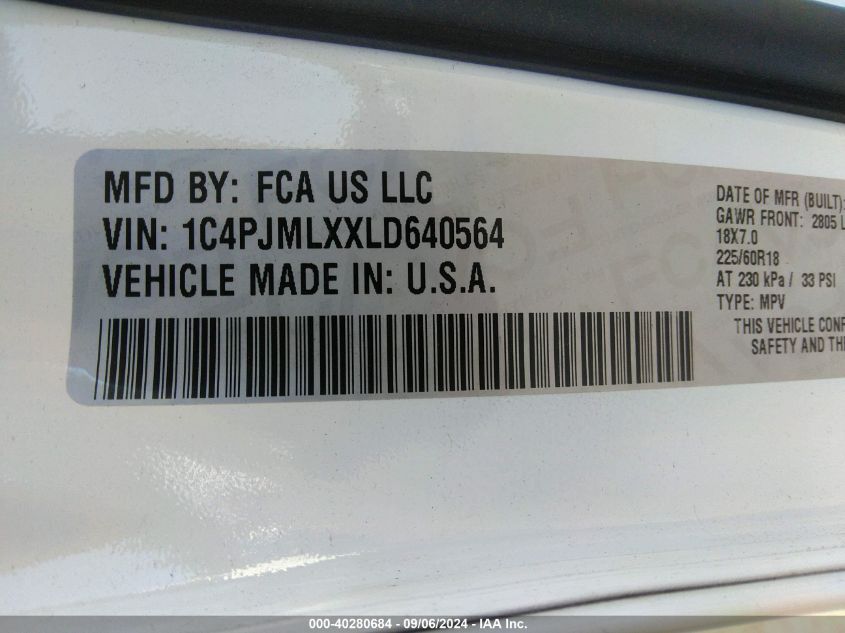 2020 Jeep Cherokee Altitude 4X4 VIN: 1C4PJMLXXLD640564 Lot: 40280684