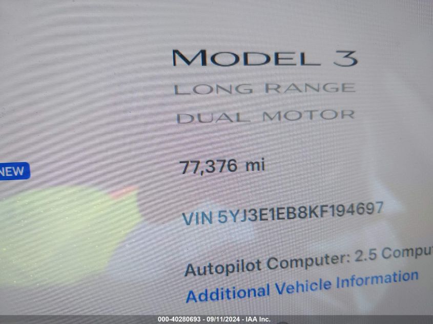 2019 Tesla Model 3 VIN: 5YJ3E1EB8KF194697 Lot: 40280693