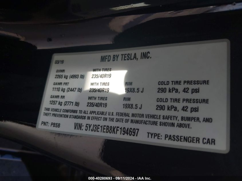 2019 Tesla Model 3 VIN: 5YJ3E1EB8KF194697 Lot: 40280693