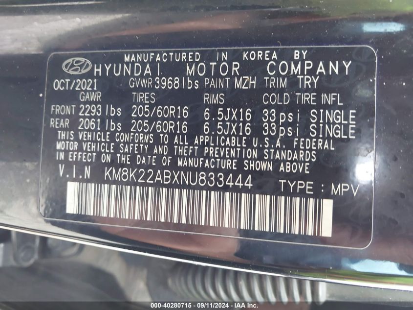 2022 Hyundai Kona Se VIN: KM8K22ABXNU833444 Lot: 40280715