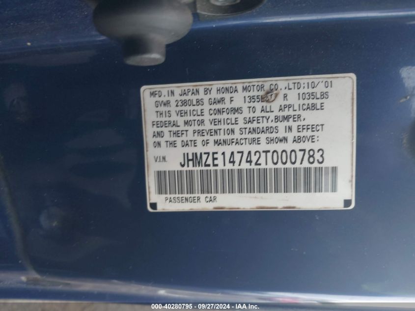 JHMZE14742T000783 2002 Honda Insight