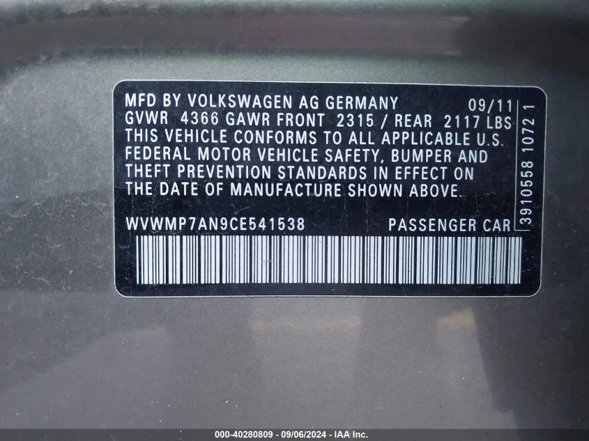 WVWMP7AN9CE541538 2012 Volkswagen Cc Sport/R-Line