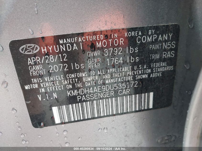 2013 Hyundai Elantra Gls VIN: KMHDH4AE9DU535172 Lot: 40280834