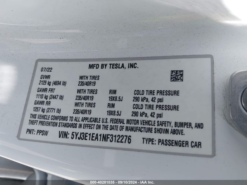 2022 TESLA MODEL 3 REAR-WHEEL DRIVE - 5YJ3E1EA1NF312276