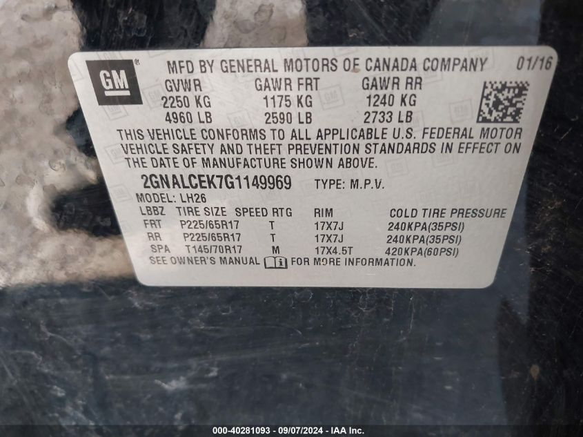 2016 Chevrolet Equinox Lt VIN: 2GNALCEK7G1149969 Lot: 40281093