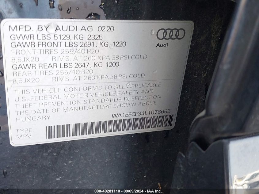 2020 Audi Q3 Premium Plus 45 Tfsi S Line Quattro Tiptronic VIN: WA1EECF34L1076663 Lot: 40281110