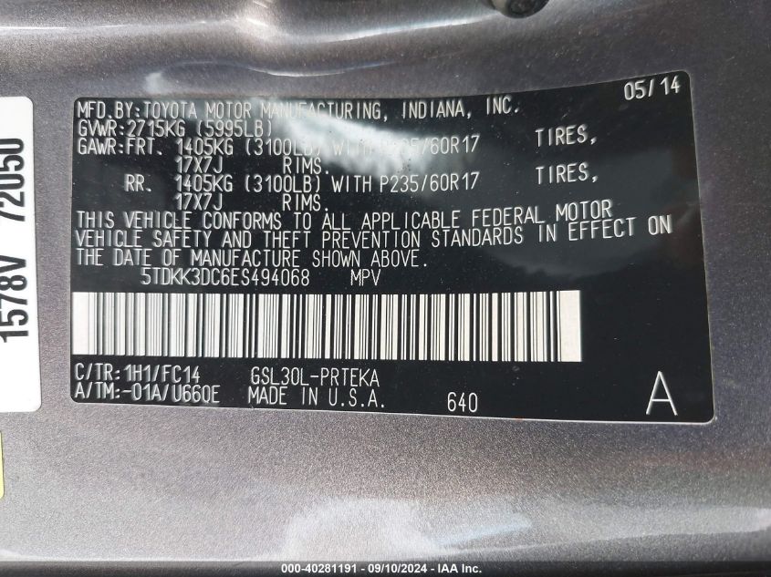 5TDKK3DC6ES494068 2014 Toyota Sienna Le V6 8 Passenger