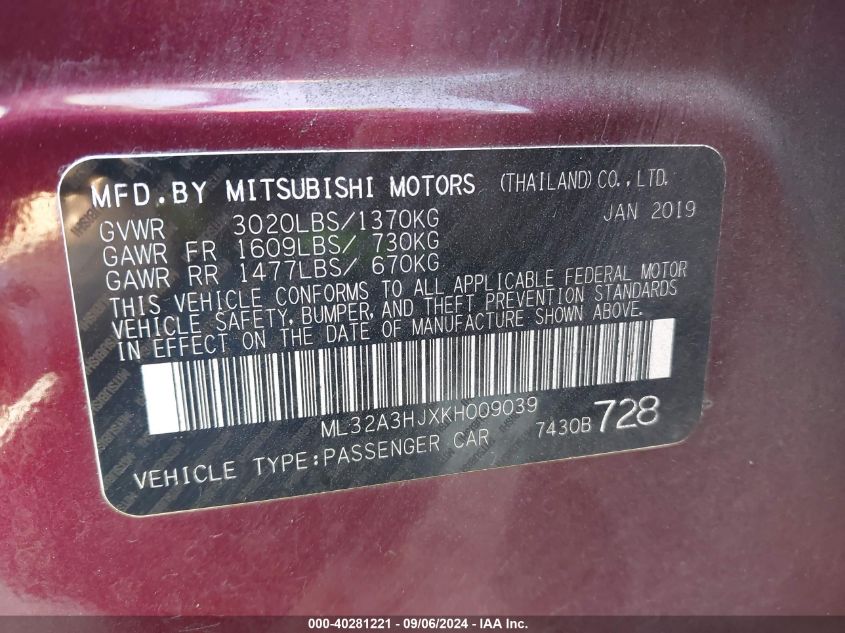 2019 Mitsubishi Mirage Rf VIN: ML32A3HJXKH009039 Lot: 40281221