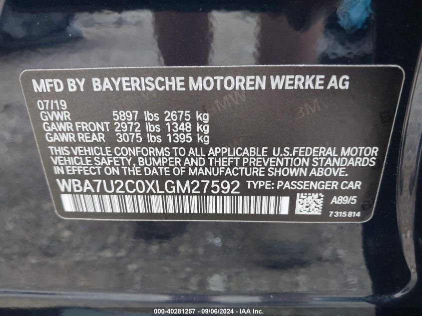 2020 BMW 750I xDrive VIN: WBA7U2C0XLGM27592 Lot: 40281257